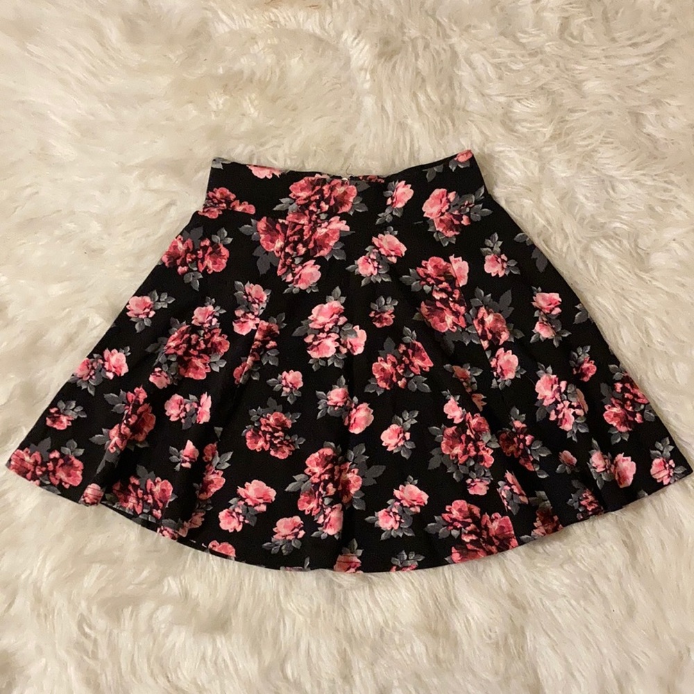 Black Floral High Waist Skater Skirt